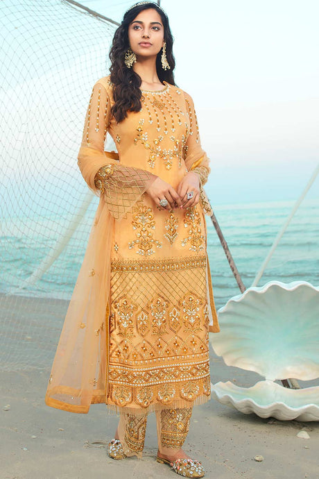 Buy Net Embroidered Dress Material in Yellow