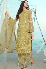 Buy Net Embroidered Dress Material in Olive Green