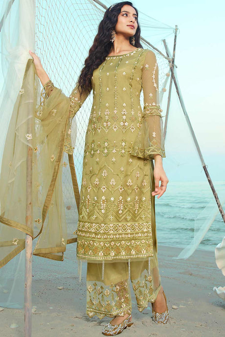 Buy Net Embroidered Dress Material in Olive Green