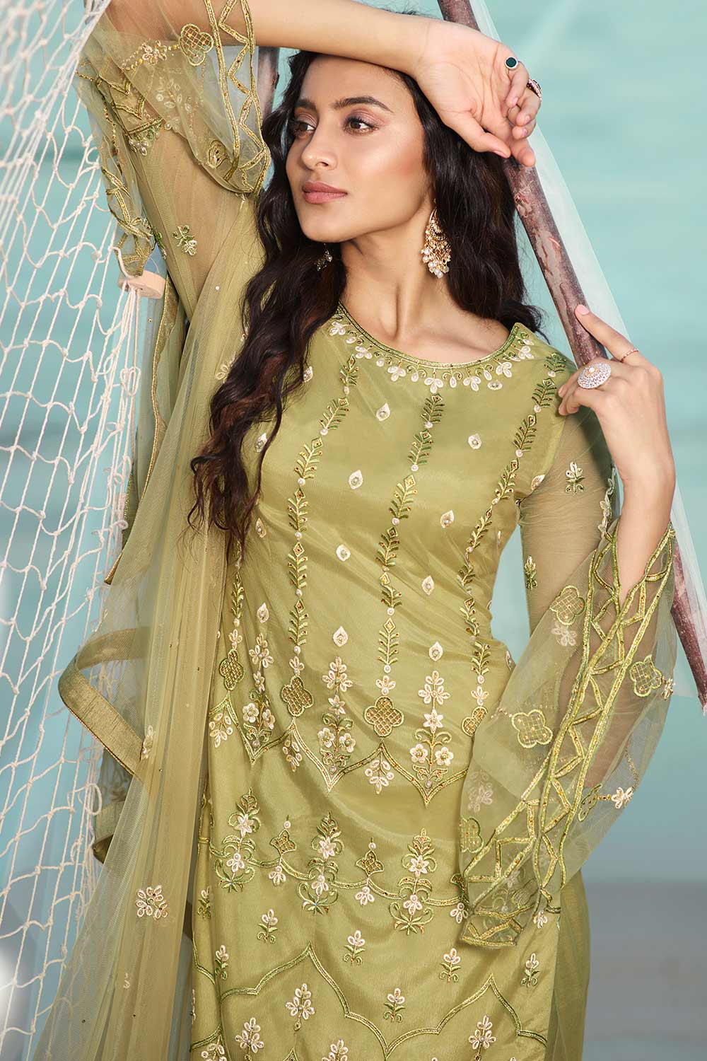 Buy Women Dress Material in Olive Green