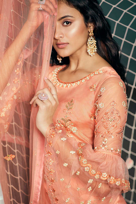 Embroidered Dress Material In Peach Collection Online