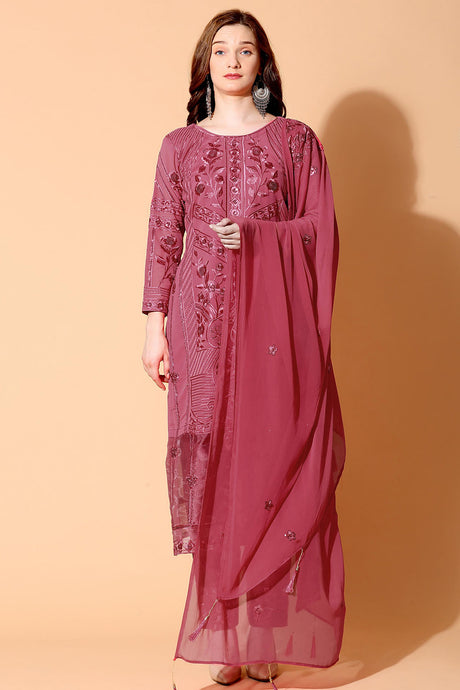 Buy Faux Georgette Embroidered Dress Material in Coral