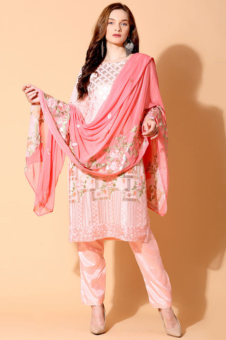 Buy Faux Georgette Embroidered Dress Material in Pink