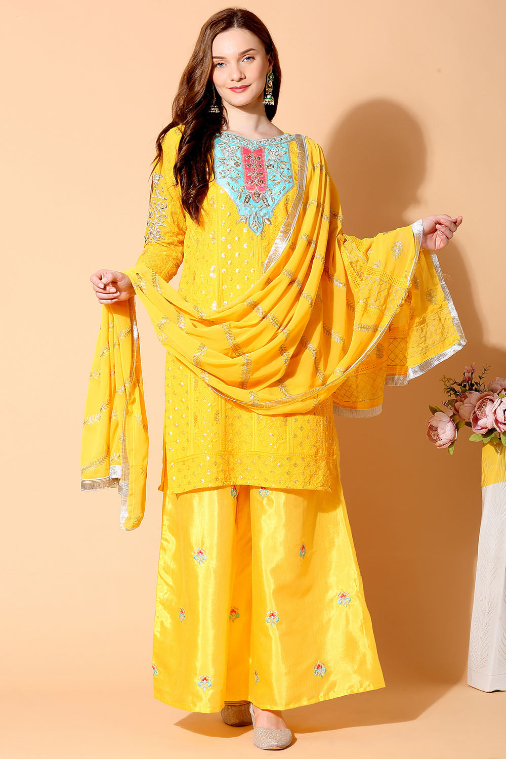 Buy Faux Georgette Embroidered Dress Material in Yellow