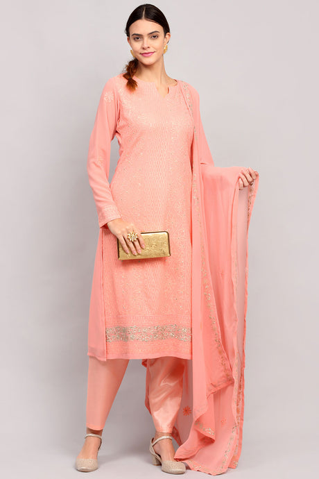 Buy Faux Georgette Embroidered Dress Material in Peach