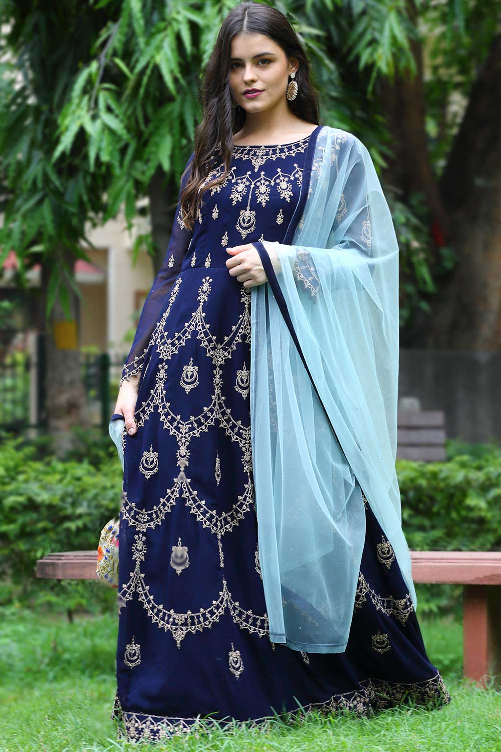 Buy Faux Georgette Embroidered Dress Material in Navy Blue