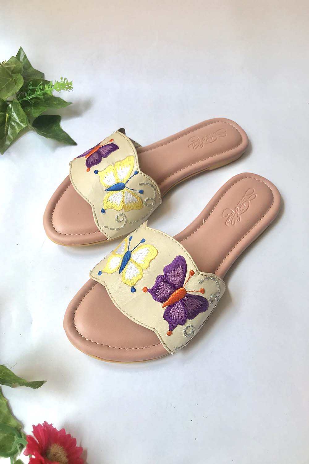 Soft Faux Leather Flats In Cream And Purple