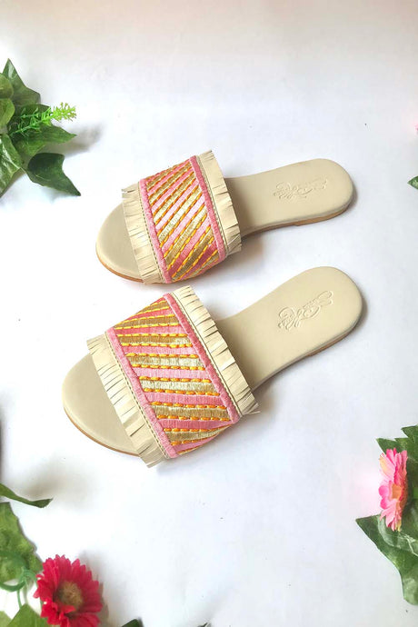 Soft Faux Leather Flats In Cream And Pink