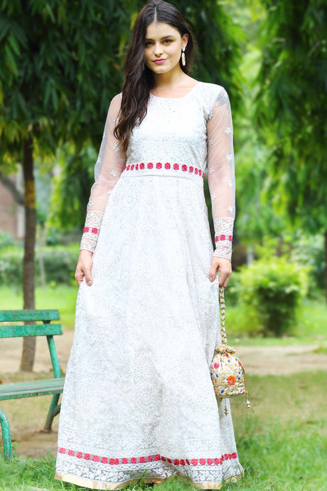 Buy Net Embroidered Dress Material in White