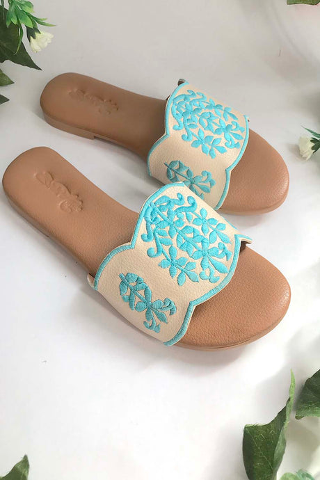 Soft Faux Leather Flats In Cream And Turquoise