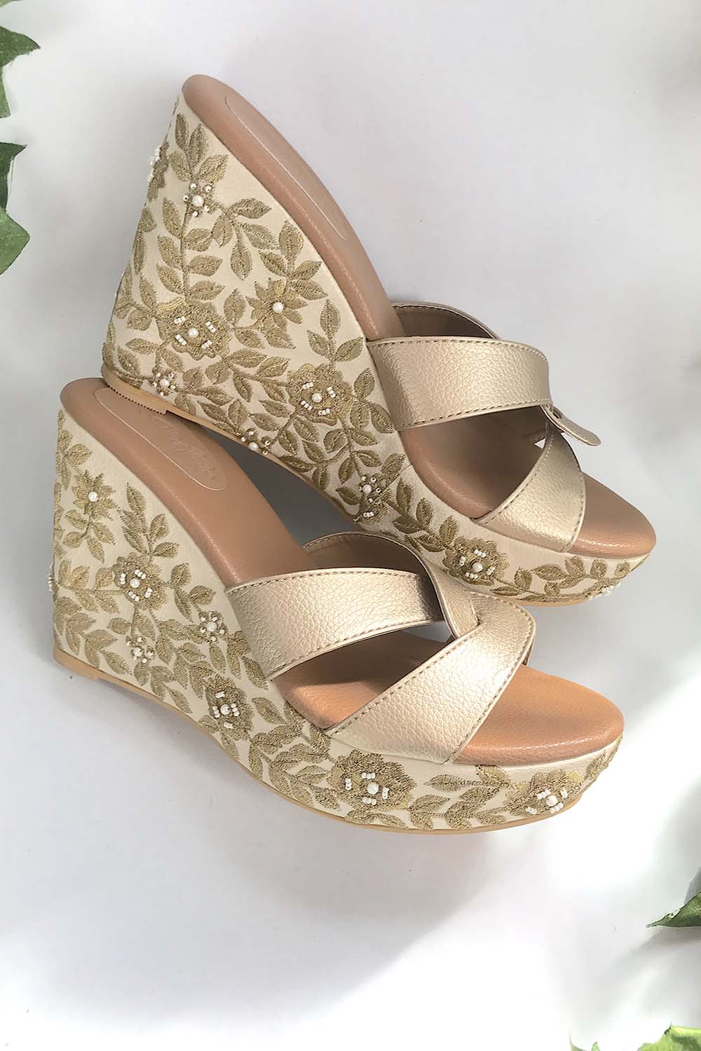 Soft Faux Leather Wedges In Cream And Gold