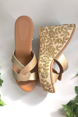 Soft Faux Leather Wedges In Cream And Gold