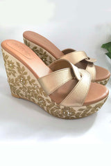 Soft Faux Leather Wedges In Cream And Gold