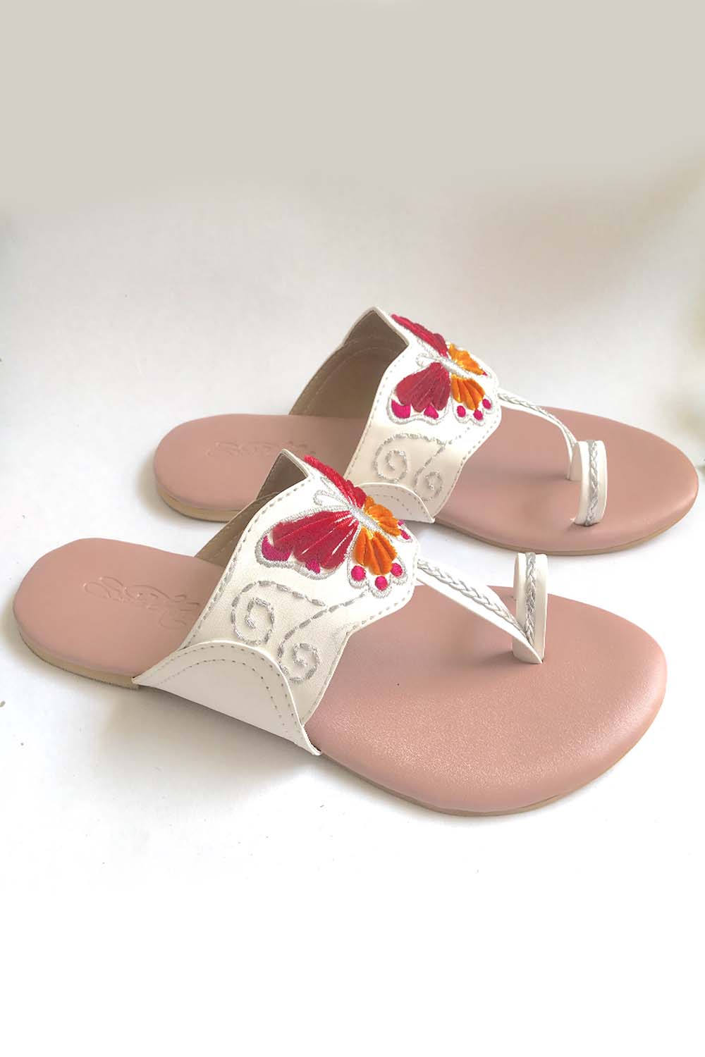 Soft Faux Leather Kolhapuri Flats in White and Pink