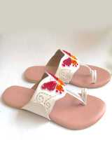 Soft Faux Leather Kolhapuri Flats in White and Pink