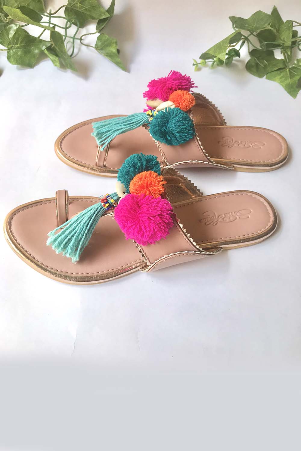 Soft Faux Leather Kolhapuri Flats in Pink and Turquoise - Side