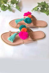 Soft Faux Leather Kolhapuri Flats in Pink and Turquoise - Side