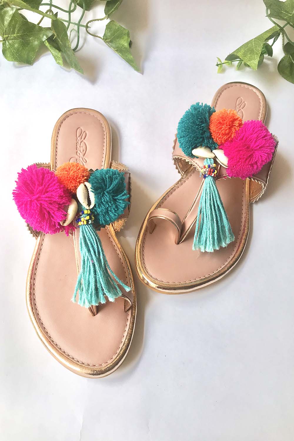 Soft Faux Leather Kolhapuri Flats in Pink and Turquoise - Front