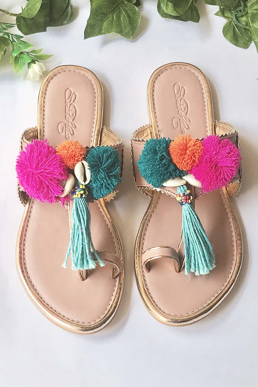 Soft Faux Leather Kolhapuri Flats in Pink and Turquoise