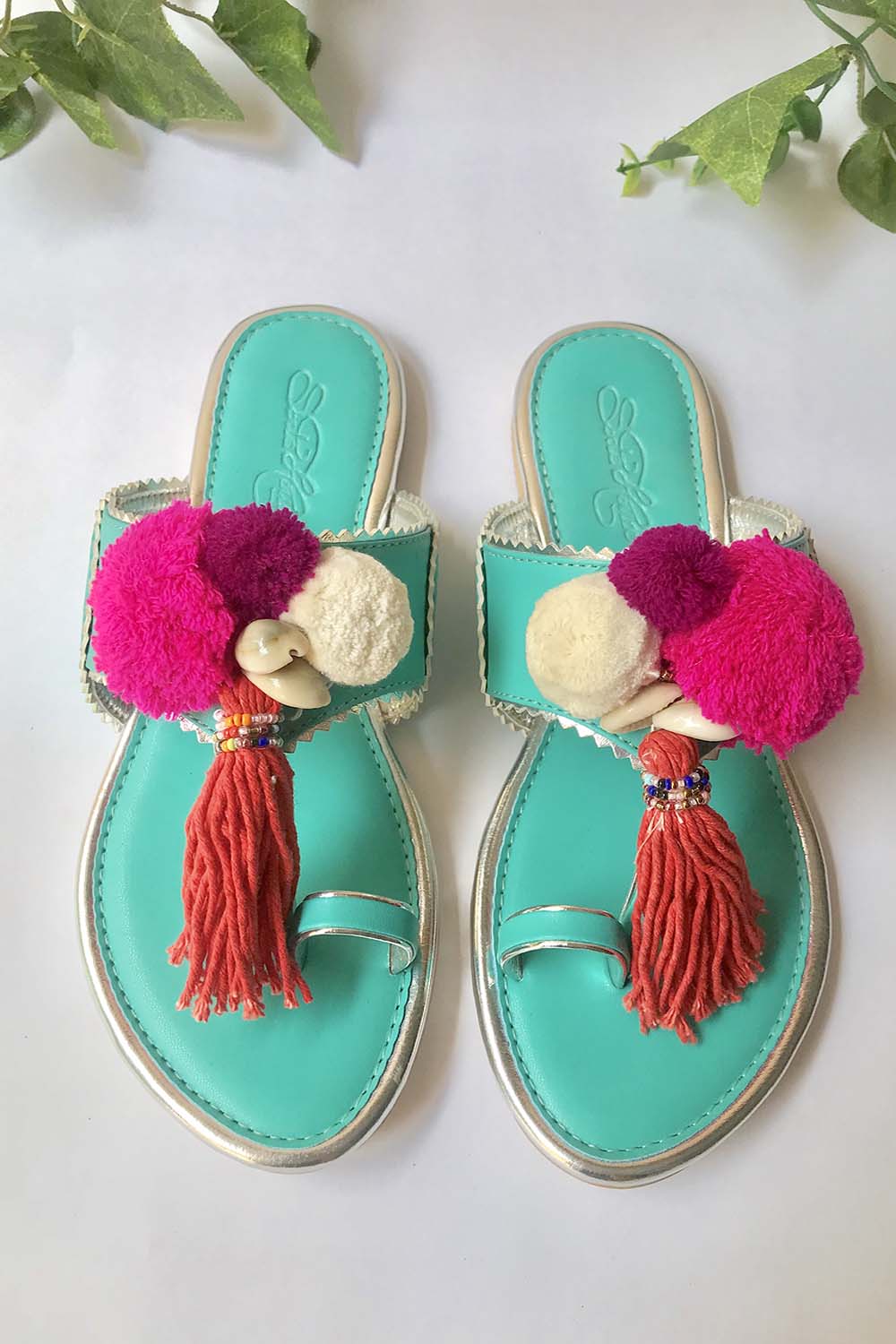 Soft Faux Leather Kolhapuri Flats in Pink and Turquoise