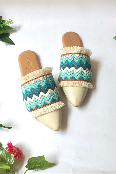 Soft Faux Leather Pointed Flats In Cream And Turquoise