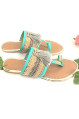 Soft Faux Leather Kolhapuri Flats in Turquoise and Grey