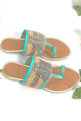 Soft Faux Leather Kolhapuri Flats in Turquoise and Grey