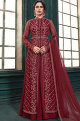 Buy Net Embroidered Dress Material in Maroon