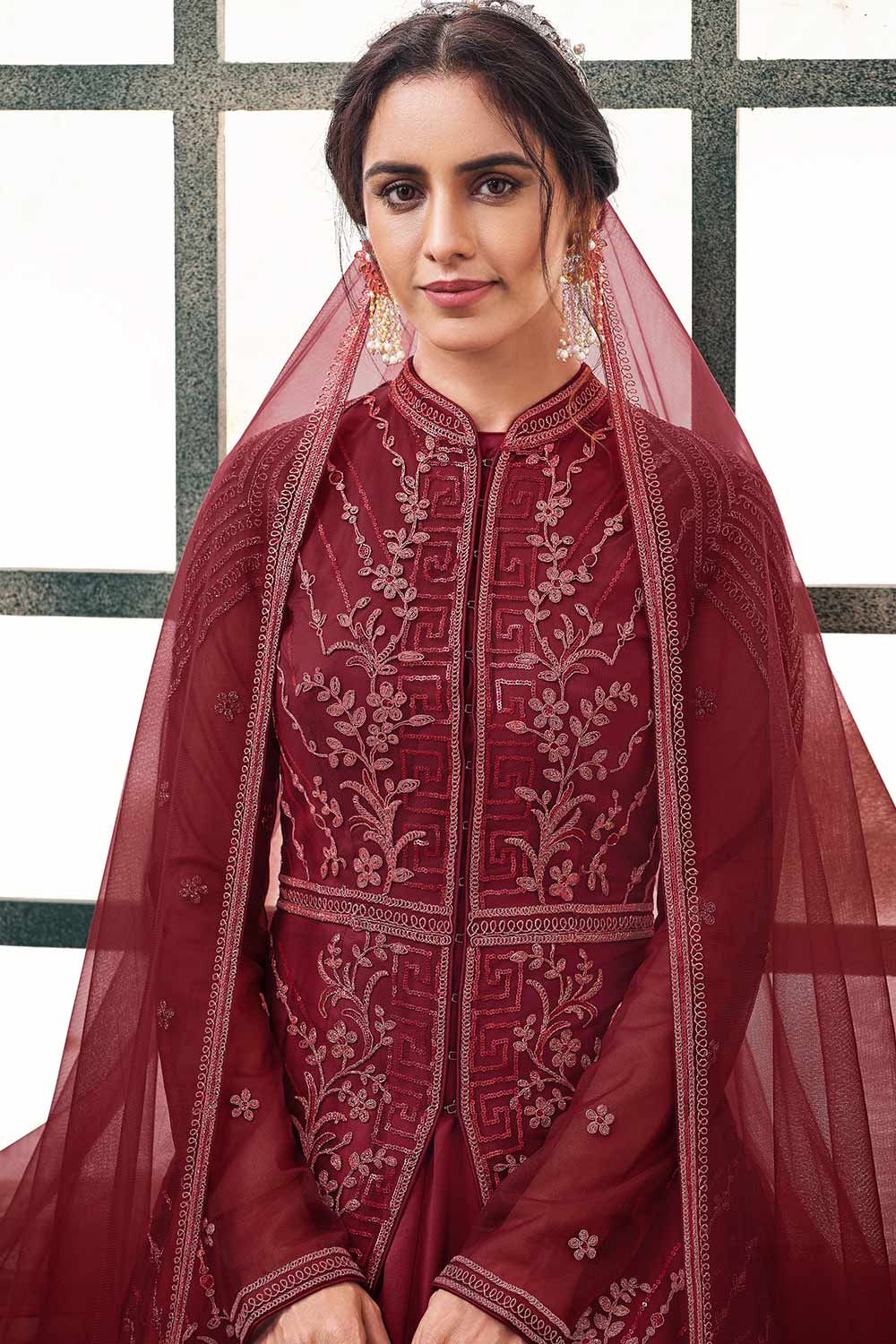 Buy Women Net Salwar Suit in Maroon