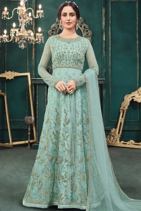 Buy Net Embroidered Dress Material in Sky Blue