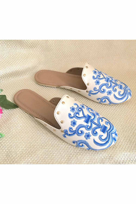 Buy Soft Faux Leather Mules In Cream And Blue