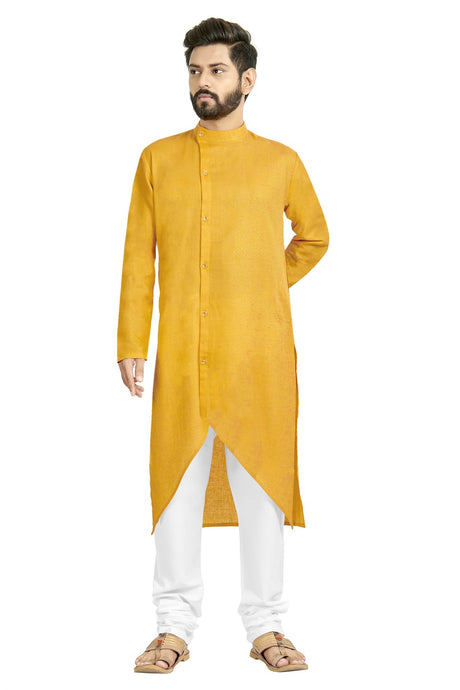 Buy Men's Blended Cotton Solid Kurta Set In Yellow