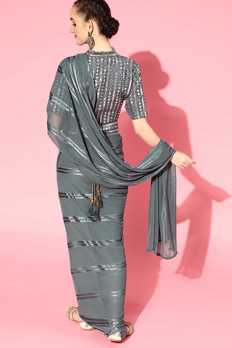 Grey Georgette Striped Solid Party Wear Saree
