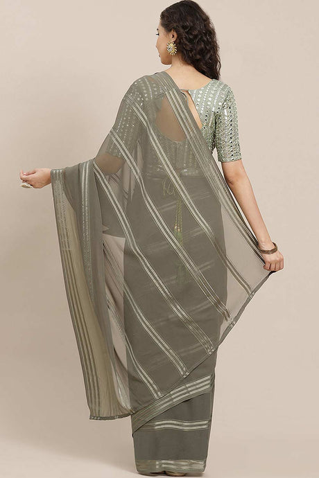 Olive Georgette Striped Solid Party Wear Saree