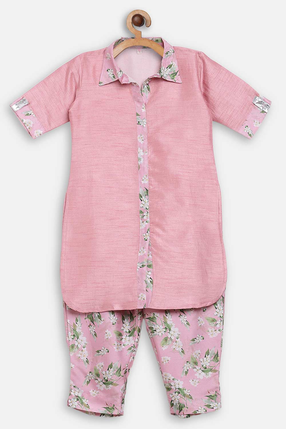 Buy Girl Polyester Solid Kurta Set in Pink Online