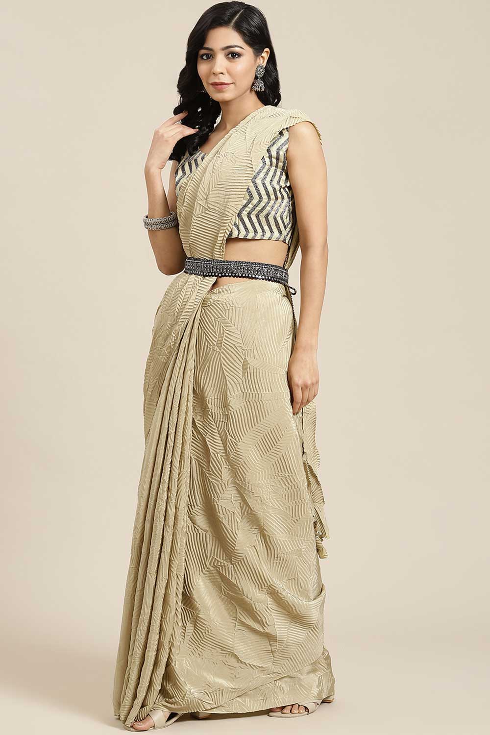 Buy Pure Crepe Solid Saree in Gold Online