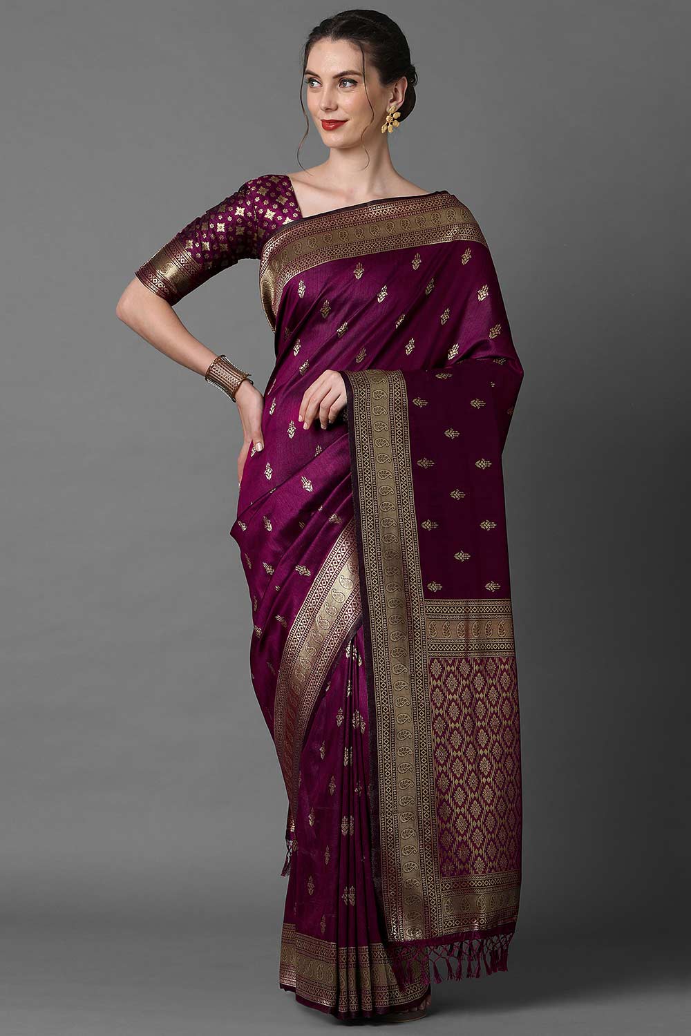 Magenta Silk Blend Ethnic Motif Woven Design Banarasi Saree