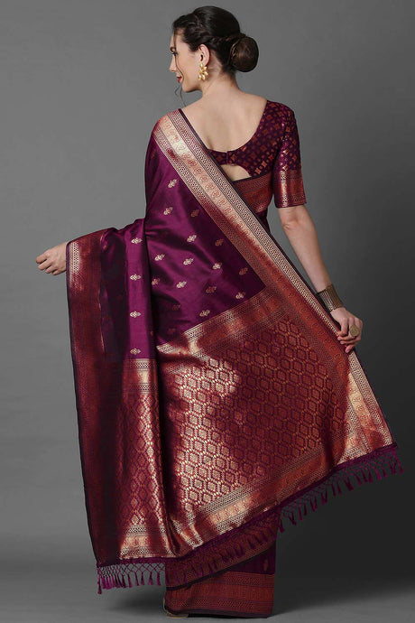 Magenta Silk Blend Ethnic Motif Woven Design Banarasi Saree