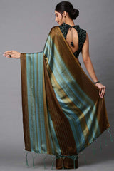 Buy Poly Georgette Striped Saree in Teal blue Online - Back