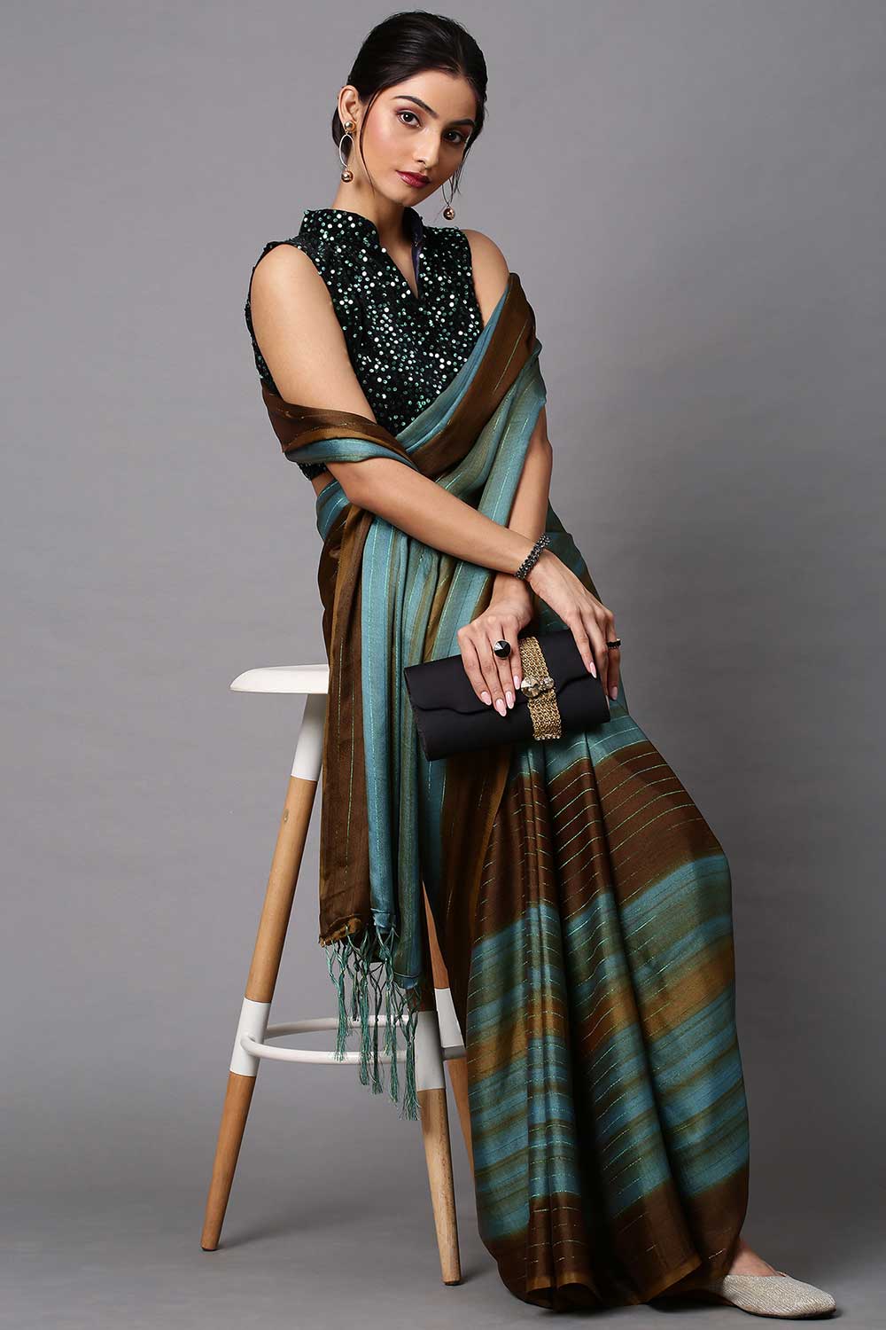 Buy Poly Georgette Striped Saree in Teal blue Online - Zoom In