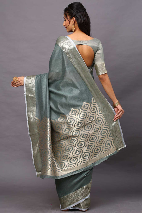 Blended Linen Abstract Design Saree in Sea Green