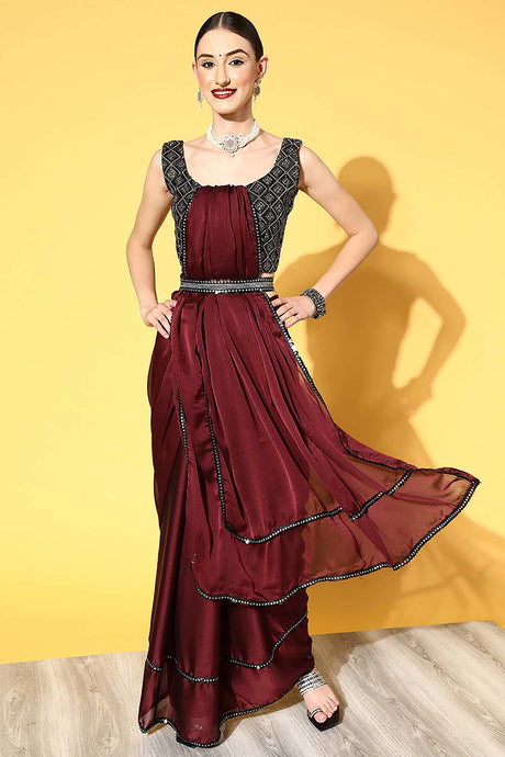 Buy Maroon Georgette Striped Saree Online