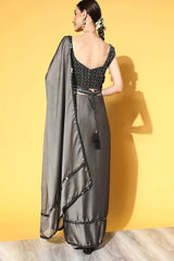 Buy Grey Georgette Striped Saree Online - Back