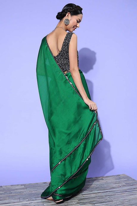 Buy Green Georgette Striped Saree Online - Back