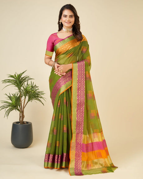 Green Semi Cotton Doriya Saree