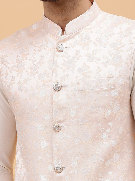 Buy Men's Peach Art Silk Jacquard Woven Design Nehru Jacket Online - Back