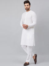 Buy Men's White Cotton Chikankari Embroidered Kurta Pajama Set Online - Front