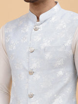 Buy Men's Sky Blue Art Silk Jacquard Woven Design Nehru Jacket Online - Back