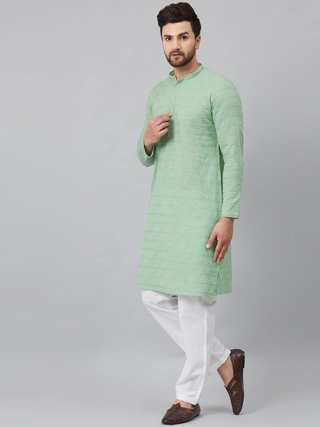 Buy Men's Green Cotton Chikankari Embroidered Straight Kurta Online
