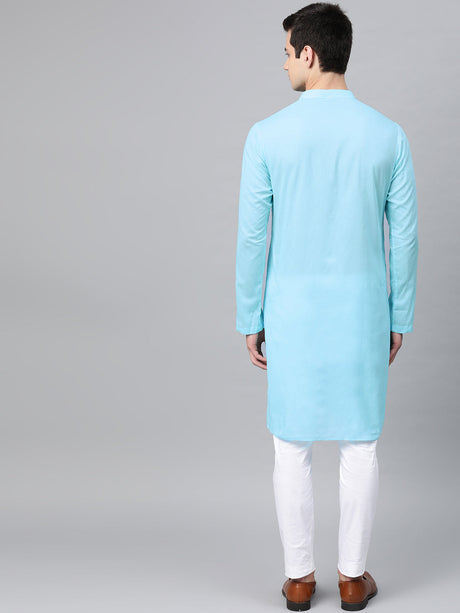 Buy Men's Turquoise Blue Cotton Thread Work Embroidered Straight Kurta Online - Front